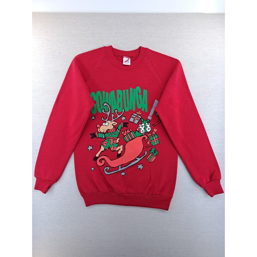 Vtg Jerzees Christmas Sweatshirt Adult Medium Red Reindeer Cowabunga Made USA